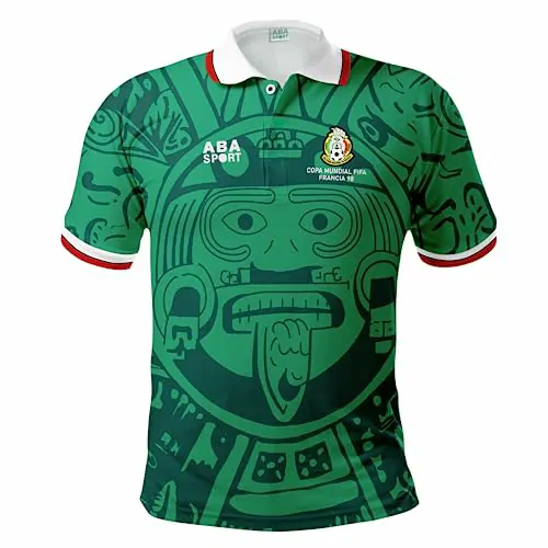 Close-up of the Aztec Sun Stone design on 1998 Mexico retro jersey.