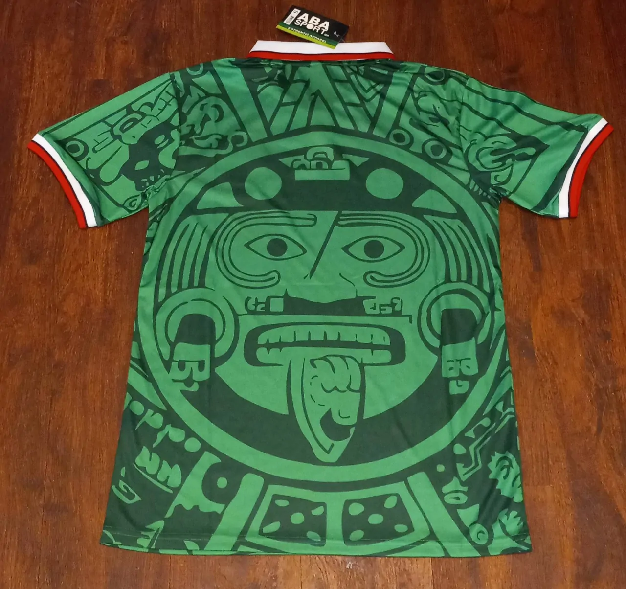 Intricate Aztec design detail on 1998 Mexico retro jersey.