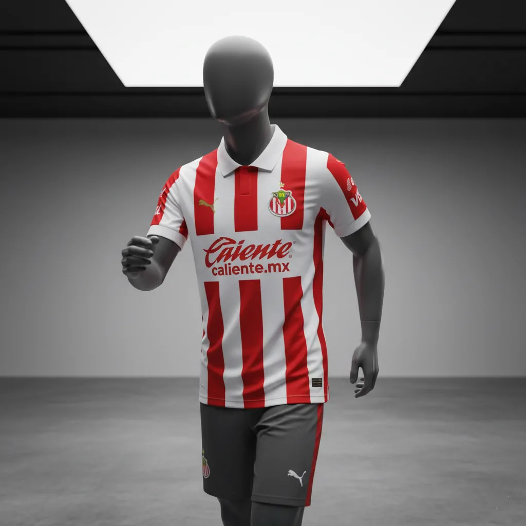 Official 2025 Chivas Guadalajara home soccer jersey with red and white stripes.