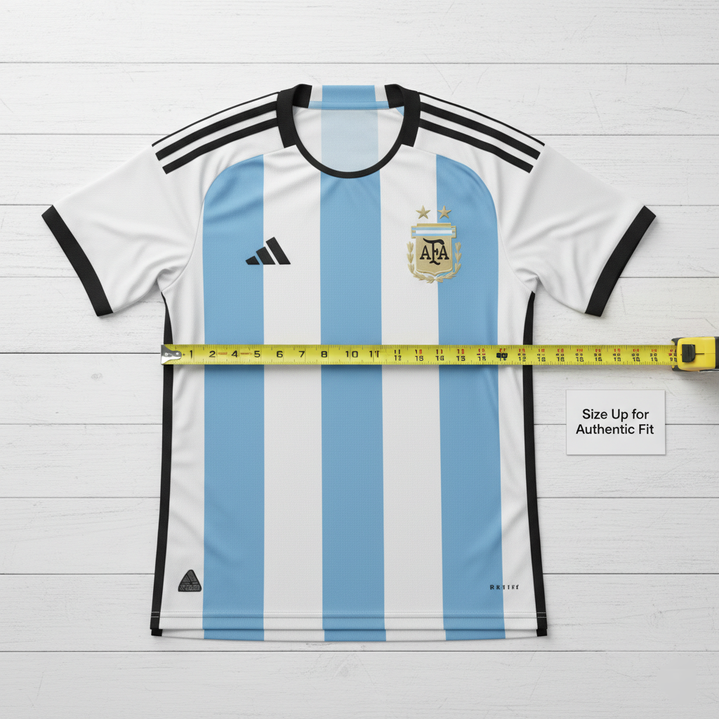 Measuring an Argentina soccer jersey in inches for the perfect fit.