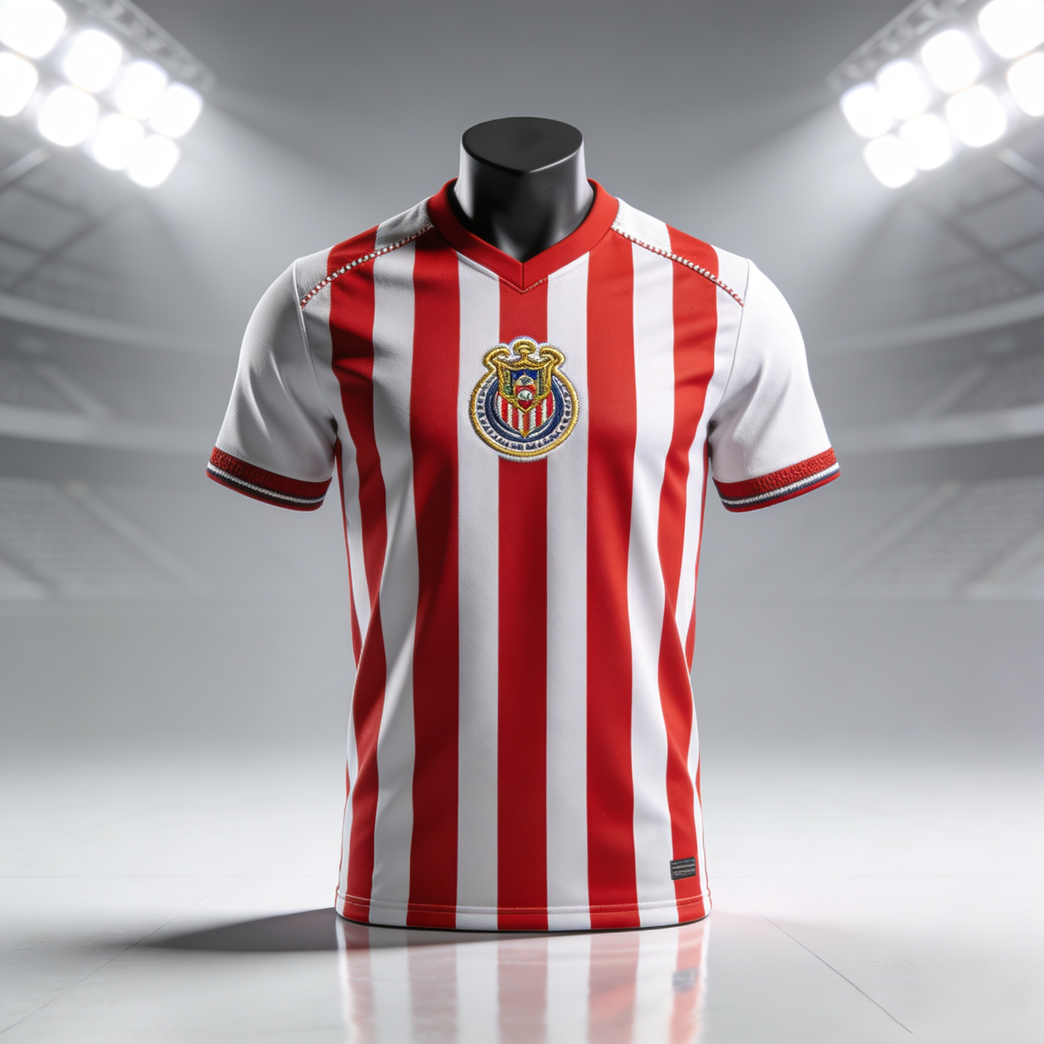 Official 2025 Chivas home soccer jersey with red and white stripes.