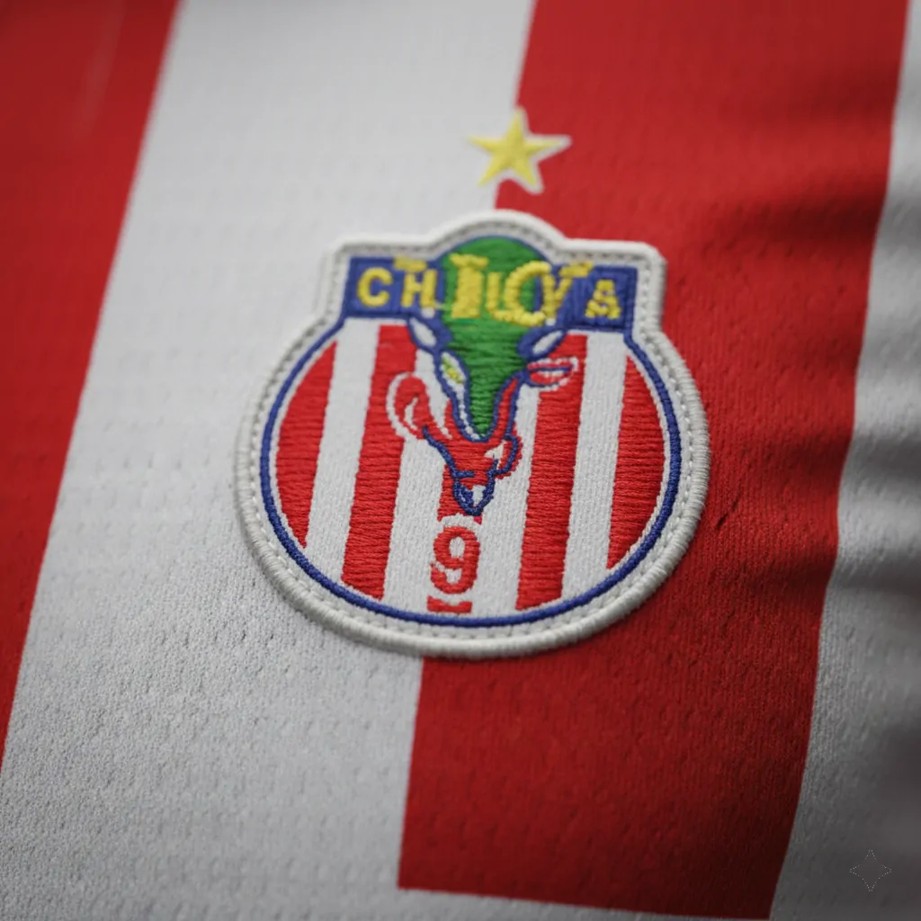 Official 2025 Chivas Guadalajara home soccer jersey with red and white stripes.