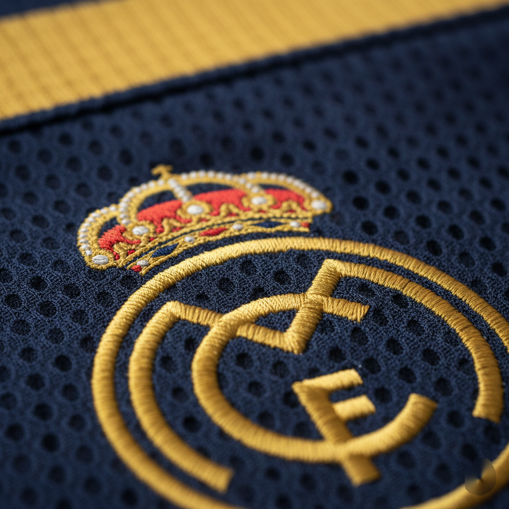 Close-up of moisture-wicking Dri-FIT fabric and embroidery on a soccer kit.