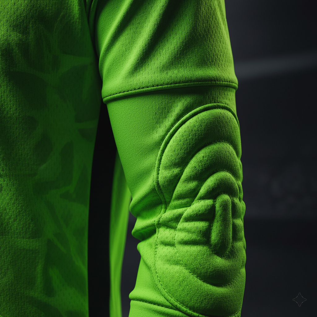 Close-up of protective elbow padding on a soccer goalkeeper jersey.