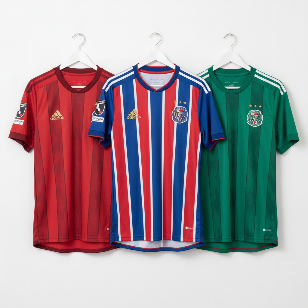 Collection of J1 League soccer jerseys including Vissel Kobe and Yokohama