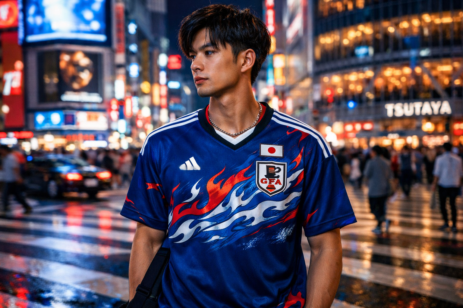 Fan wearing a stylish Japan soccer jersey in Tokyo.