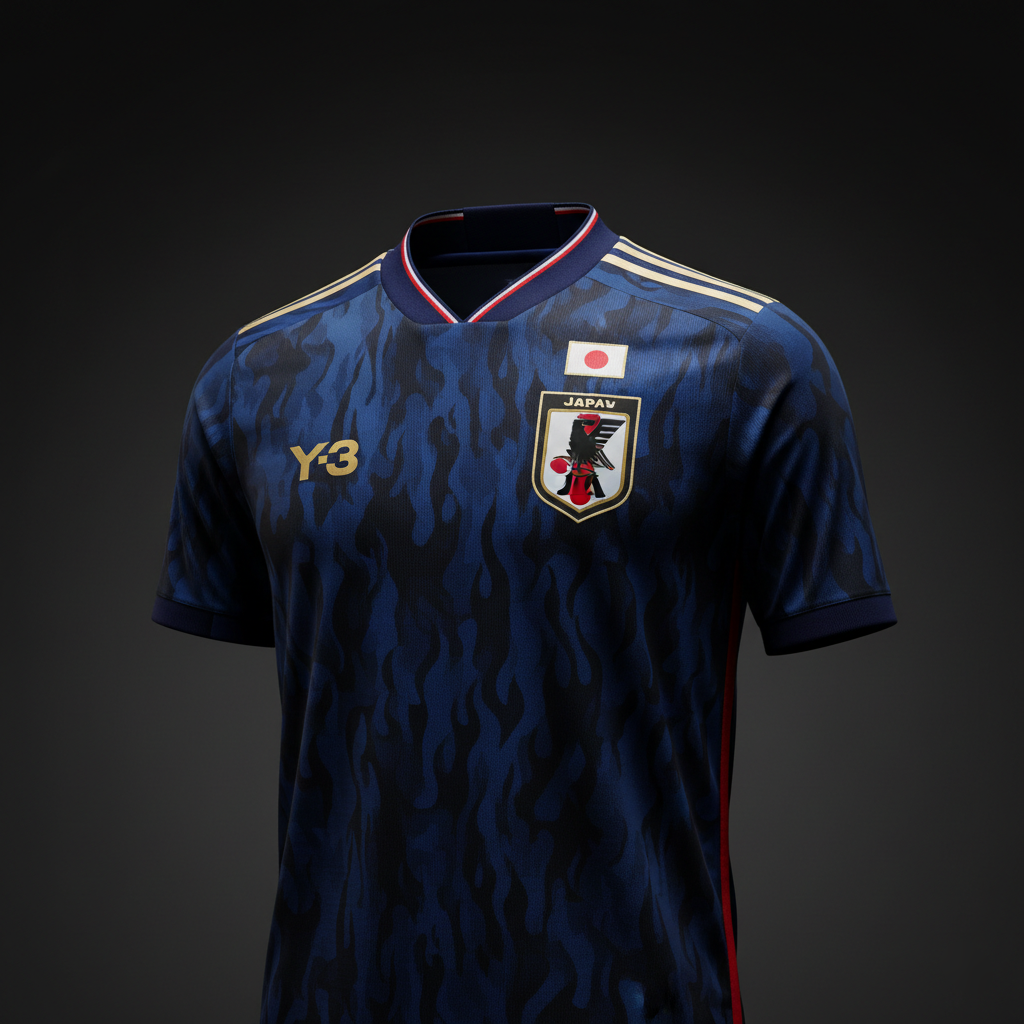 Close-up of the stylish Japan Y-3 soccer jersey with fire patterns.