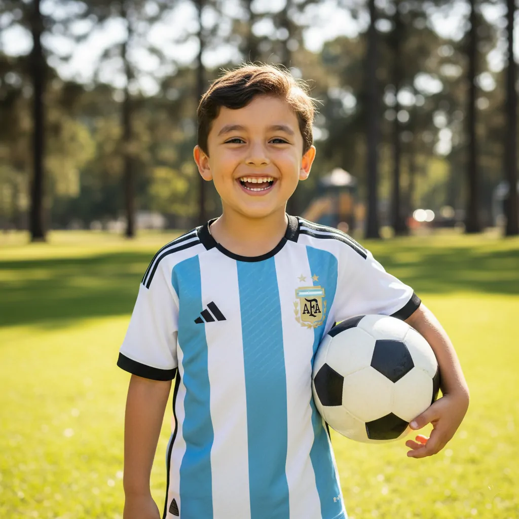 Young boy wearing a kids soccer jersey in a park