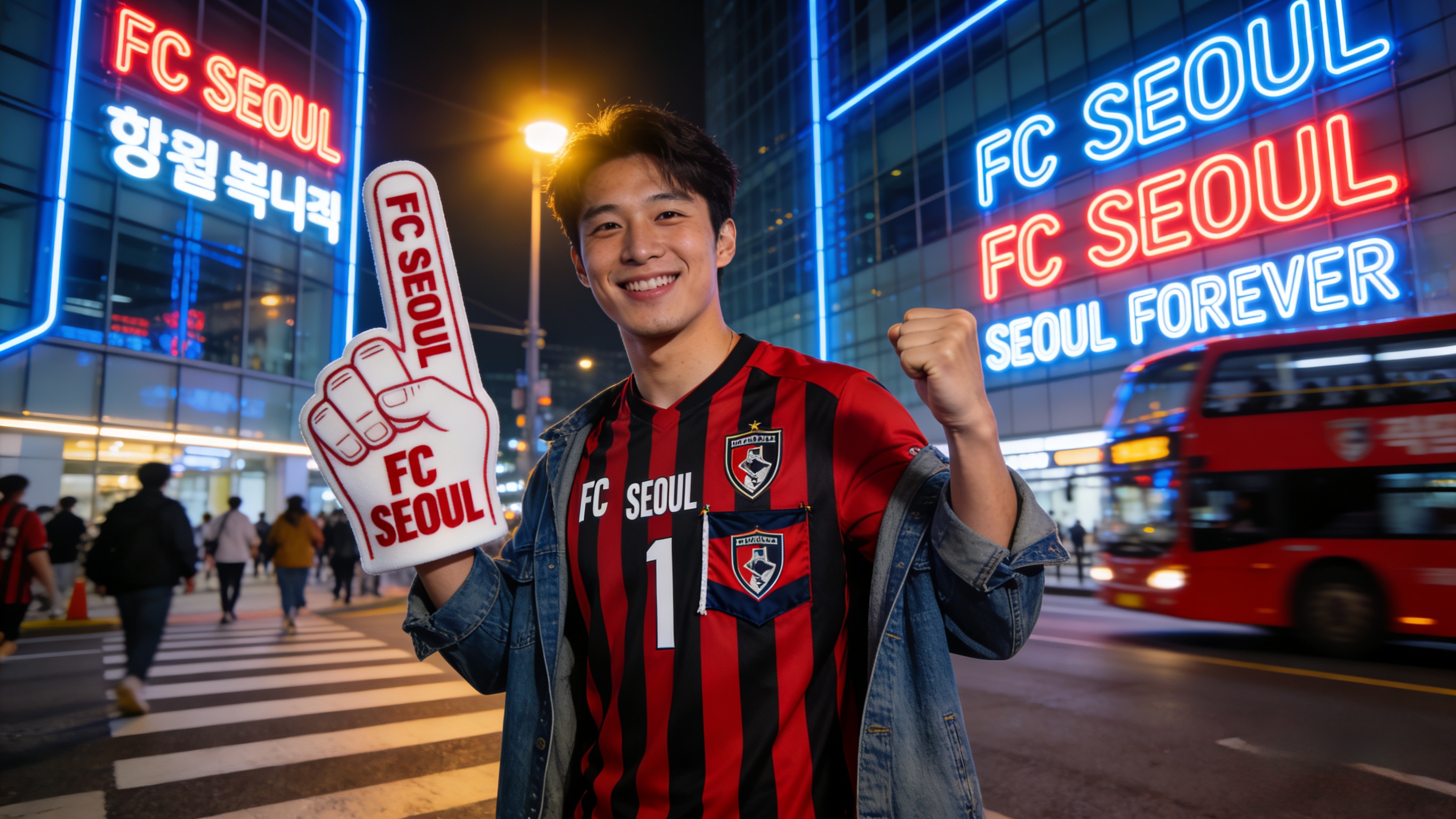 Fan wearing an FC Seoul soccer jersey in a modern city setting.