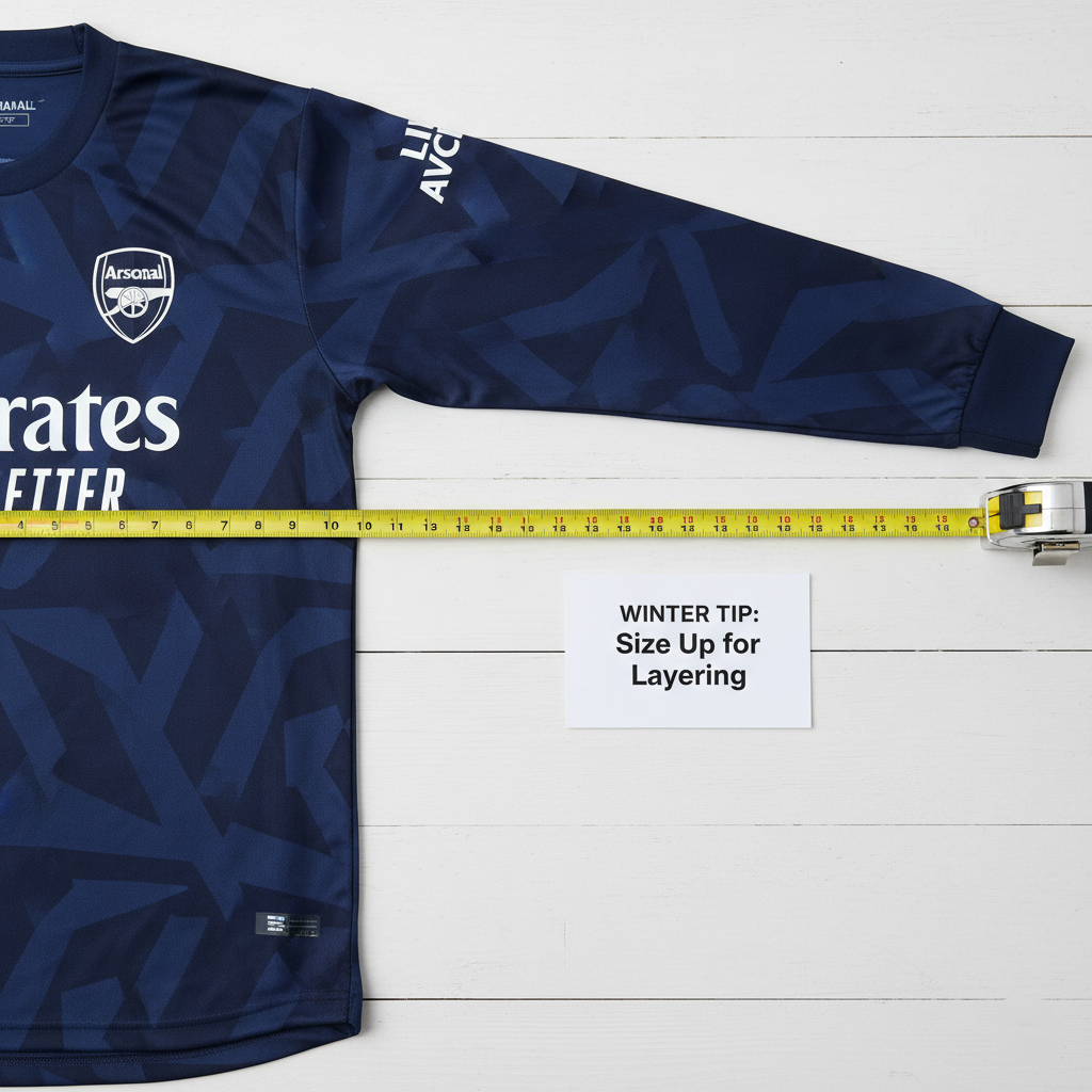 Measuring sleeve length of a soccer jersey in inches.