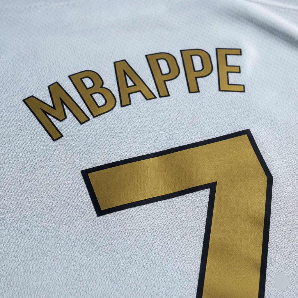  Close-up of Mbappe name and number on 2025 Real Madrid jersey.