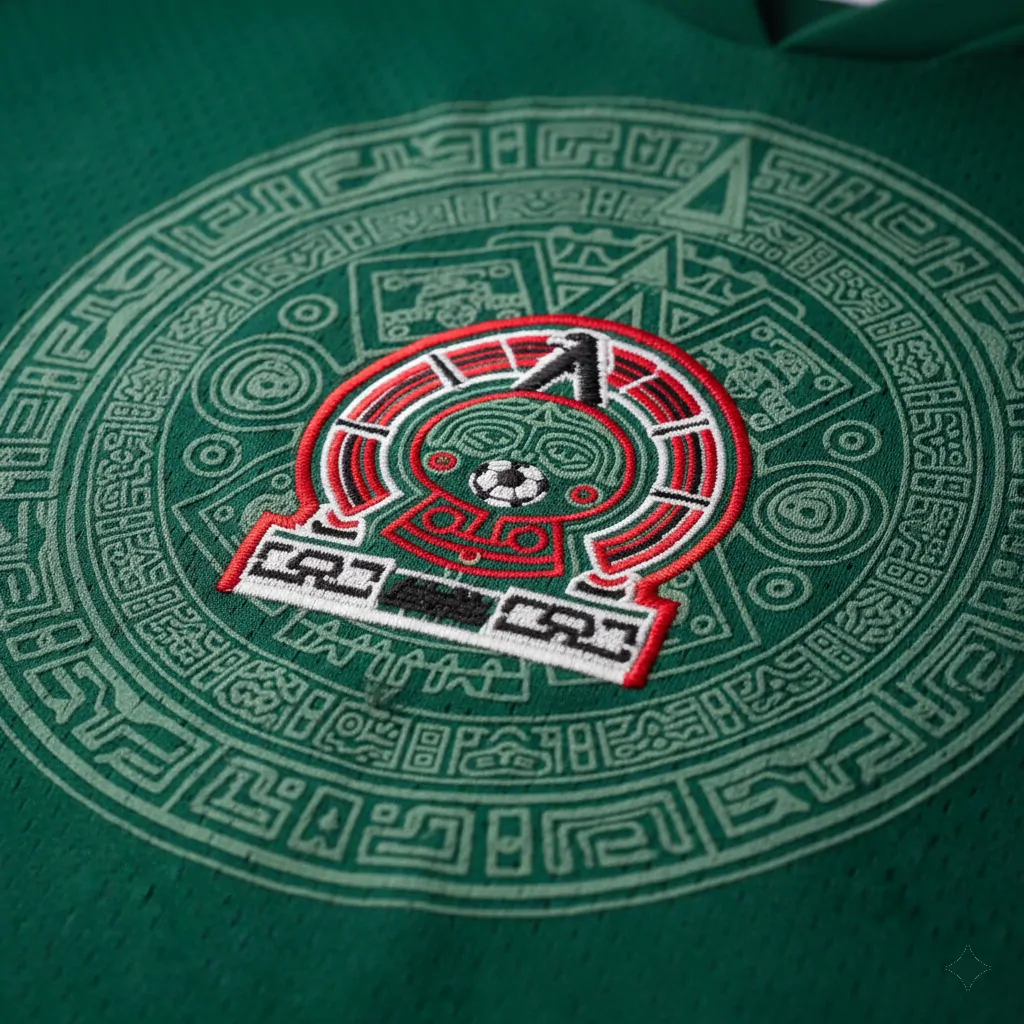 Intricate Aztec design detail on 1998 Mexico retro jersey