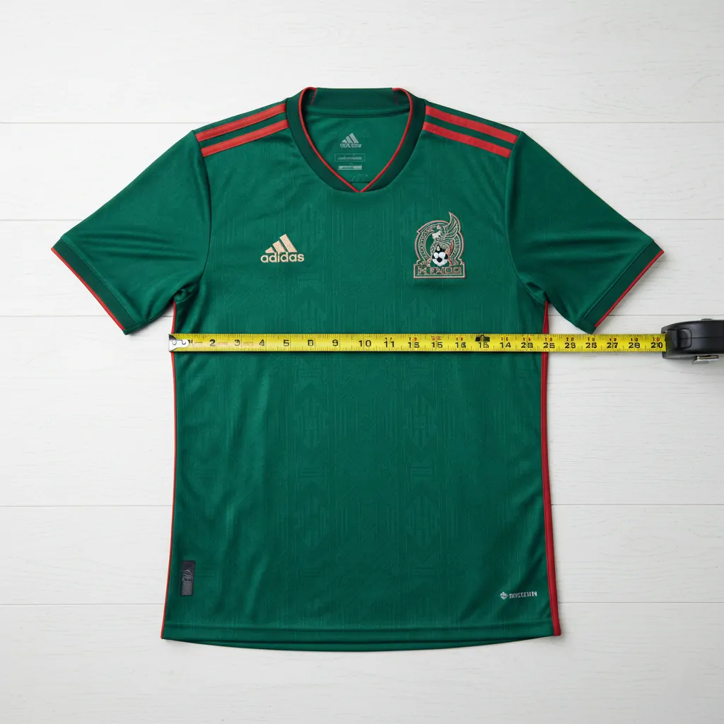 Measuring a Mexico soccer jersey in inches for the perfect fit.