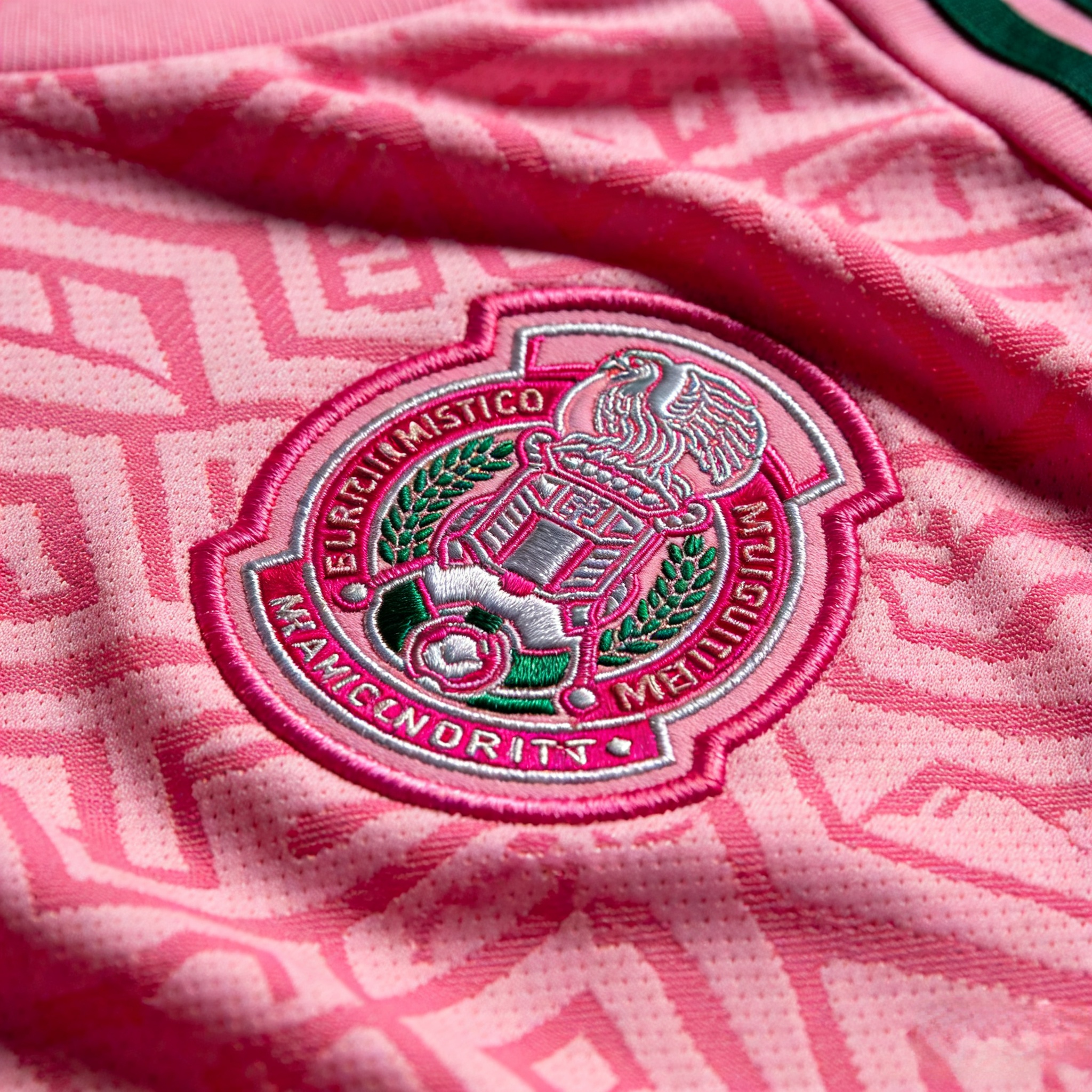 Close-up detail of the pink Mexico soccer jersey's cultural patterns