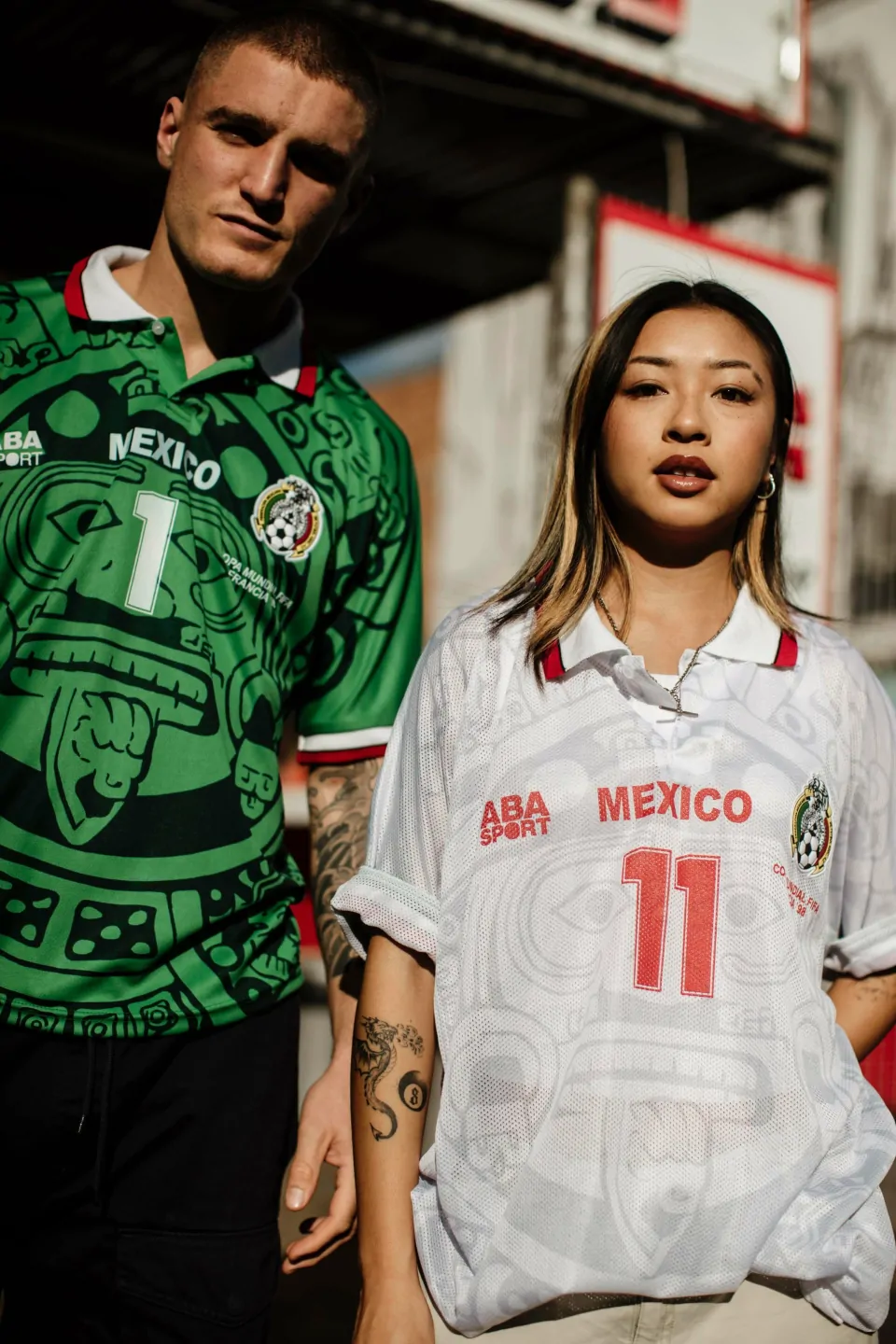 Comparison of 1998 retro and 2025 modern Mexico soccer jerseys.