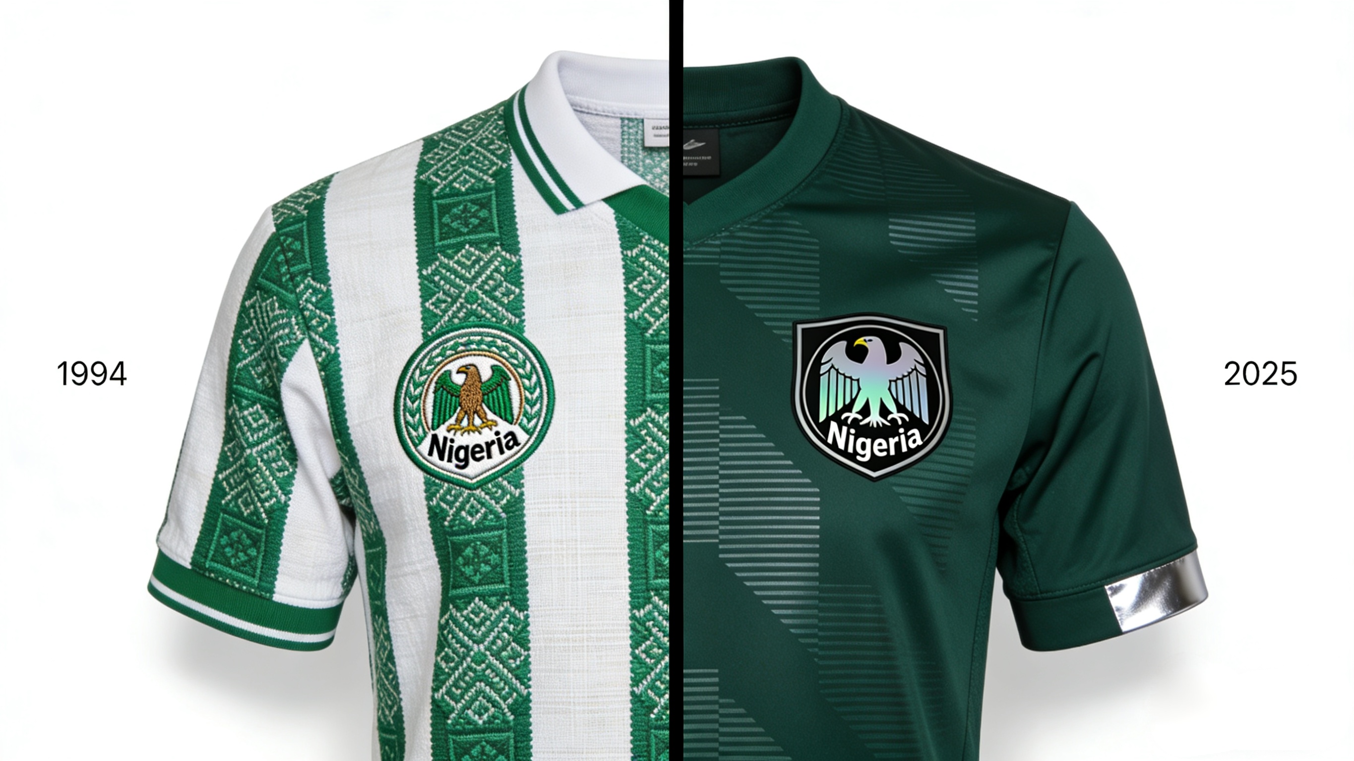 Comparison of 1994 retro and 2025 modern Nigeria soccer jerseys.