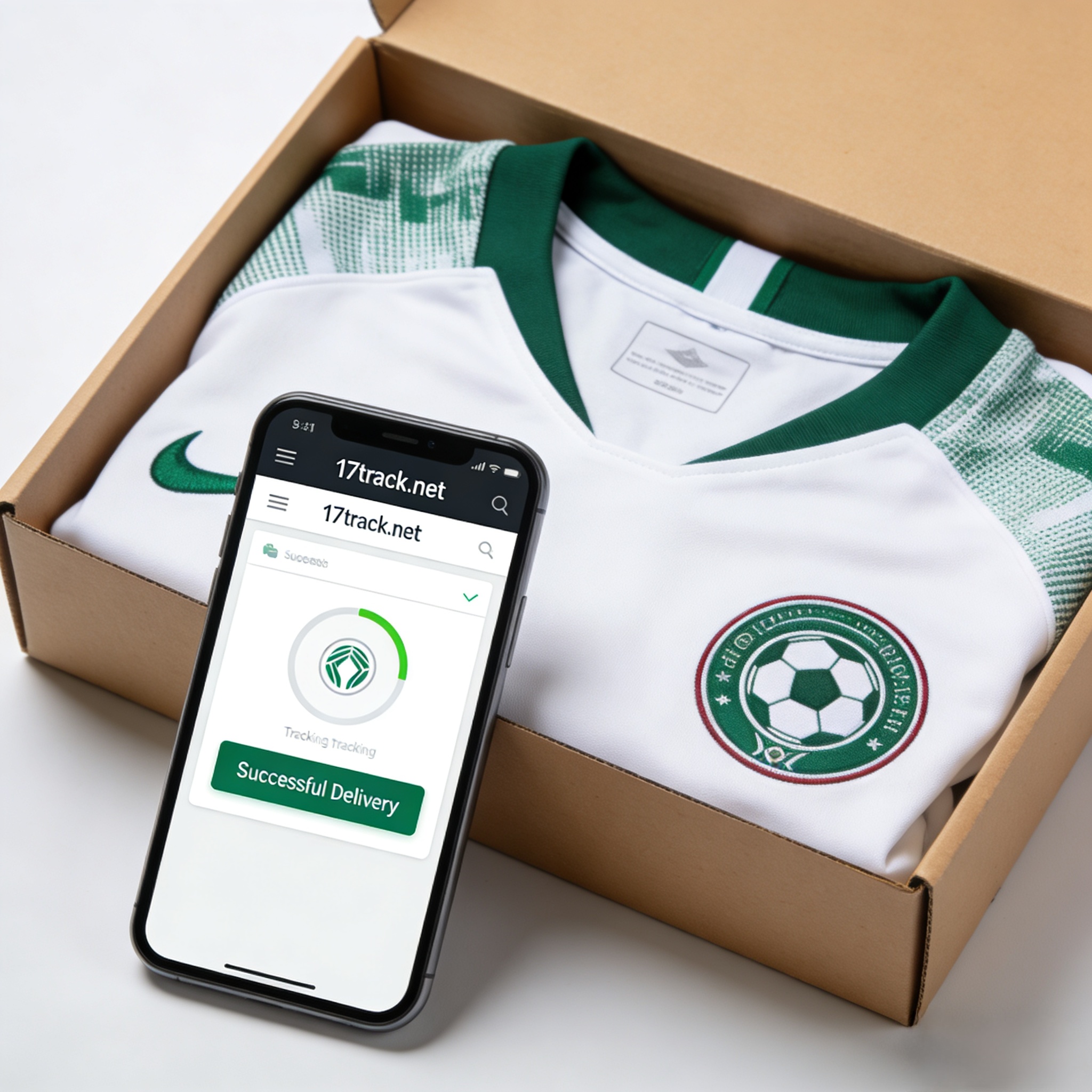 Securely packaged Nigeria soccer jersey with real-time tracking information.