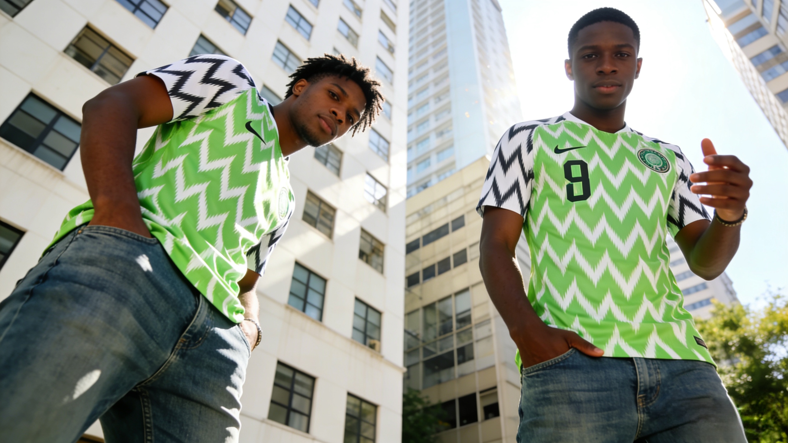 Fashionable fan wearing a Nigeria soccer jersey in an urban setting