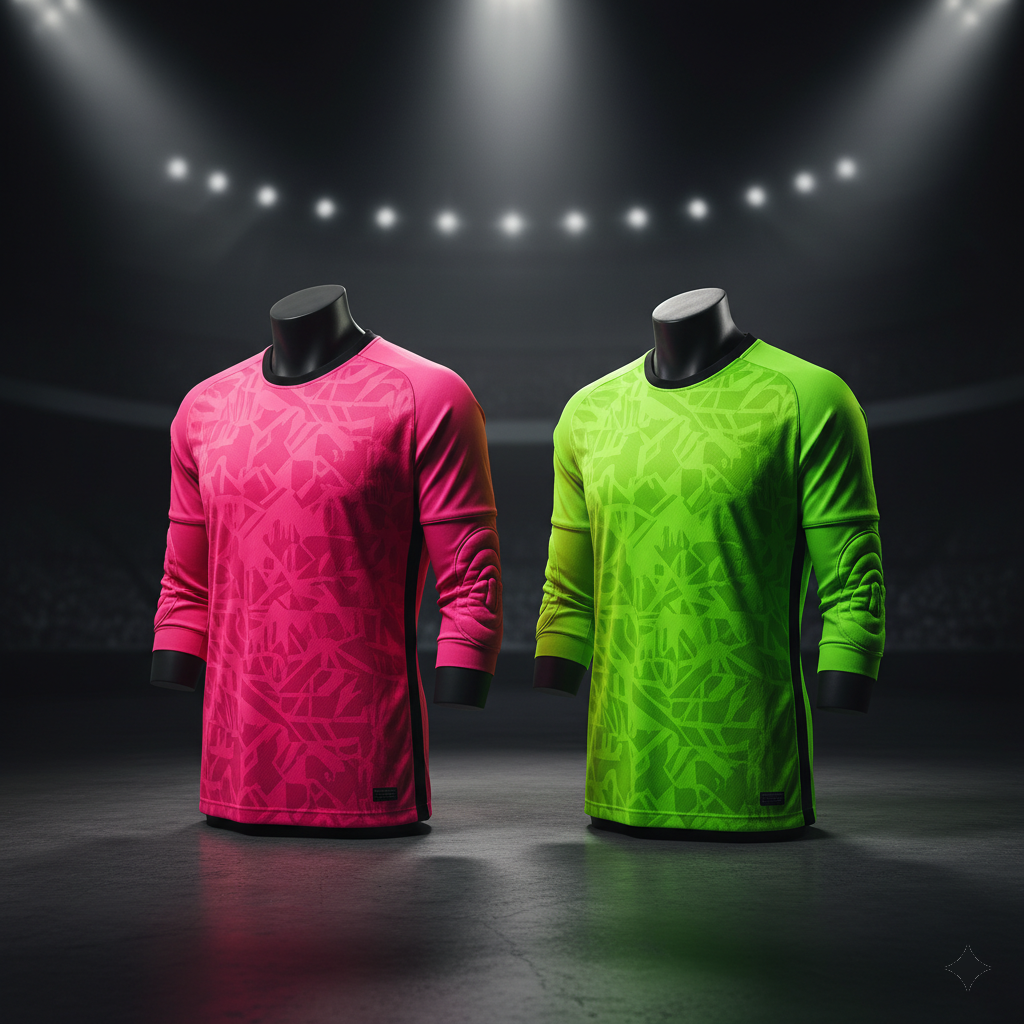 Professional padded soccer goalie jerseys in neon pink and green.