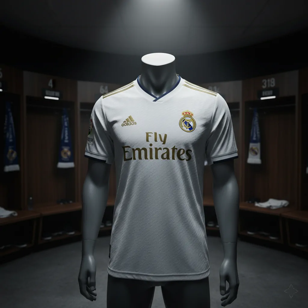 2025 Real Madrid home soccer jersey in the stadium locker room