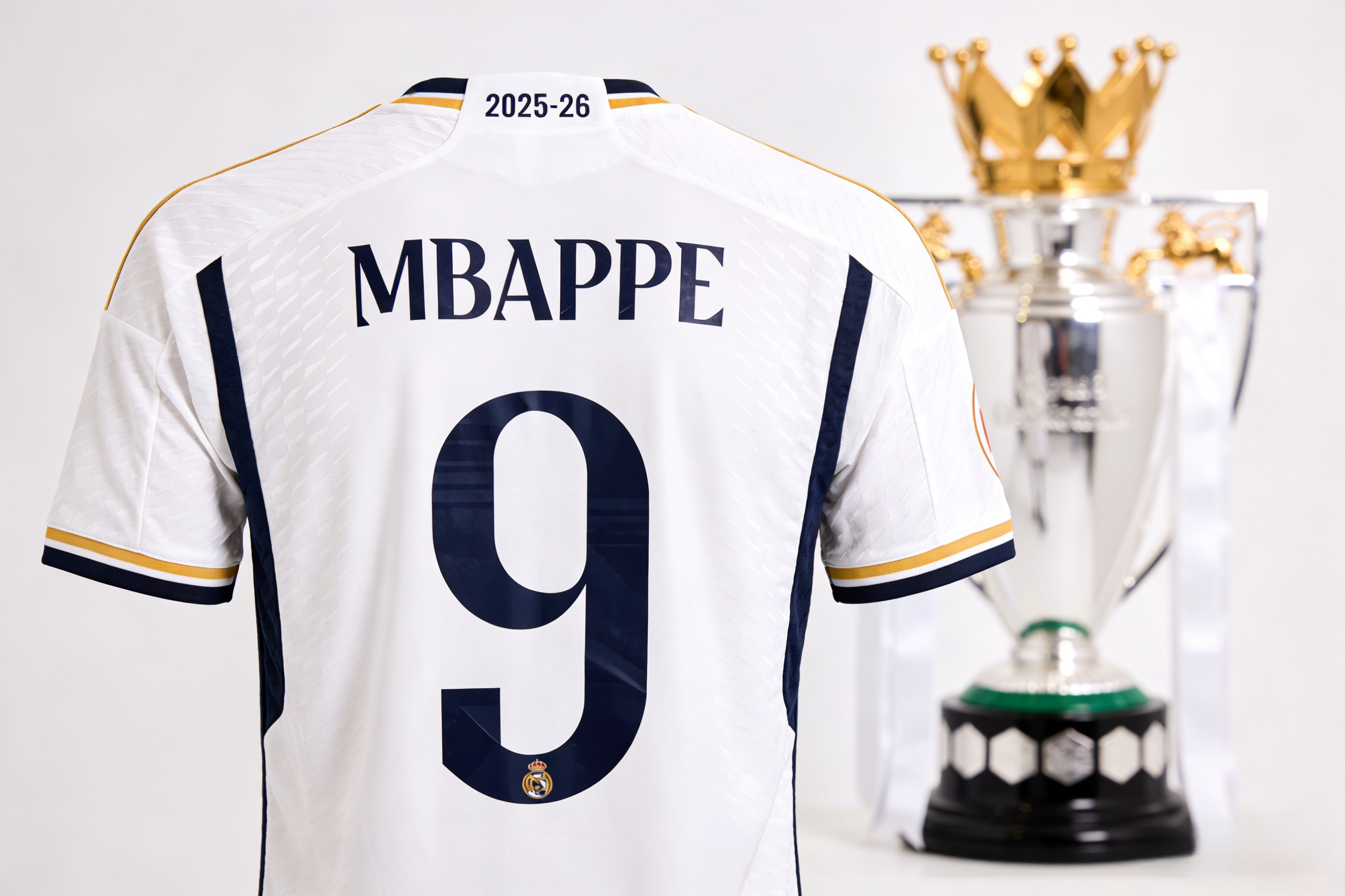 2025-26 Real Madrid home soccer jersey with Mbappe name and number.