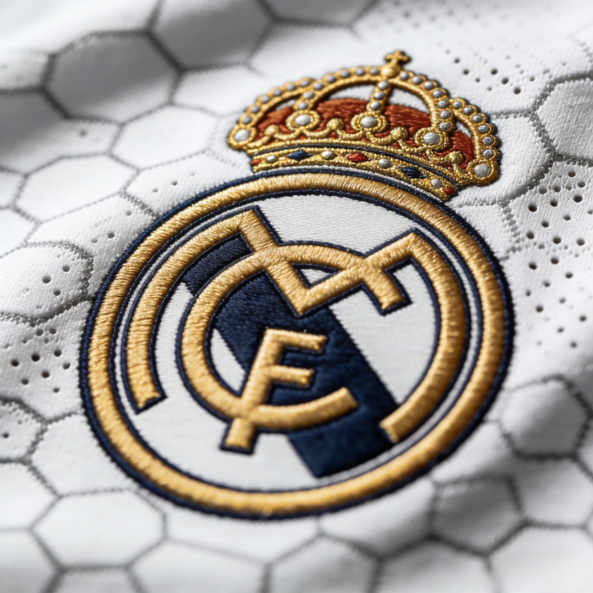 Close-up of Dri-FIT fabric and heat-pressed crest on Real Madrid authentic kit.