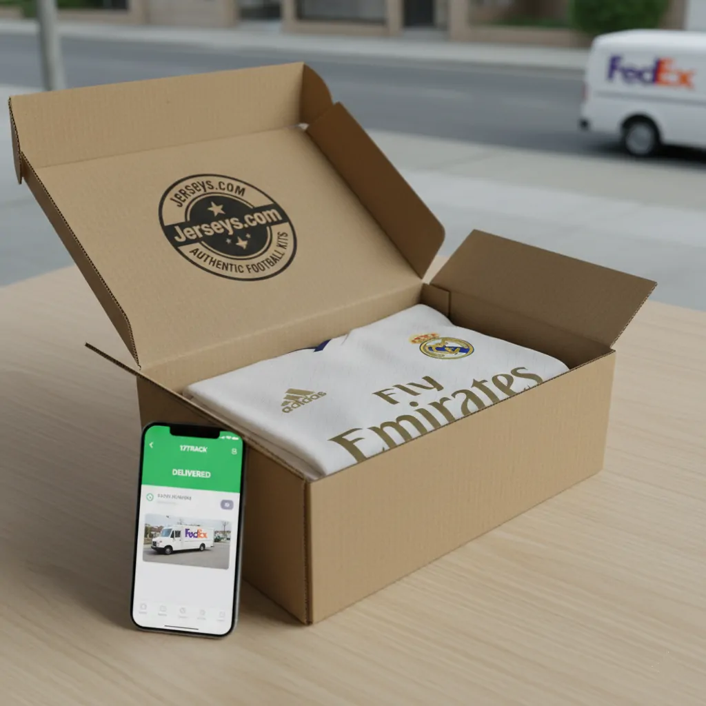 Jerserys.com shipping box with FedEx and 17track order tracking