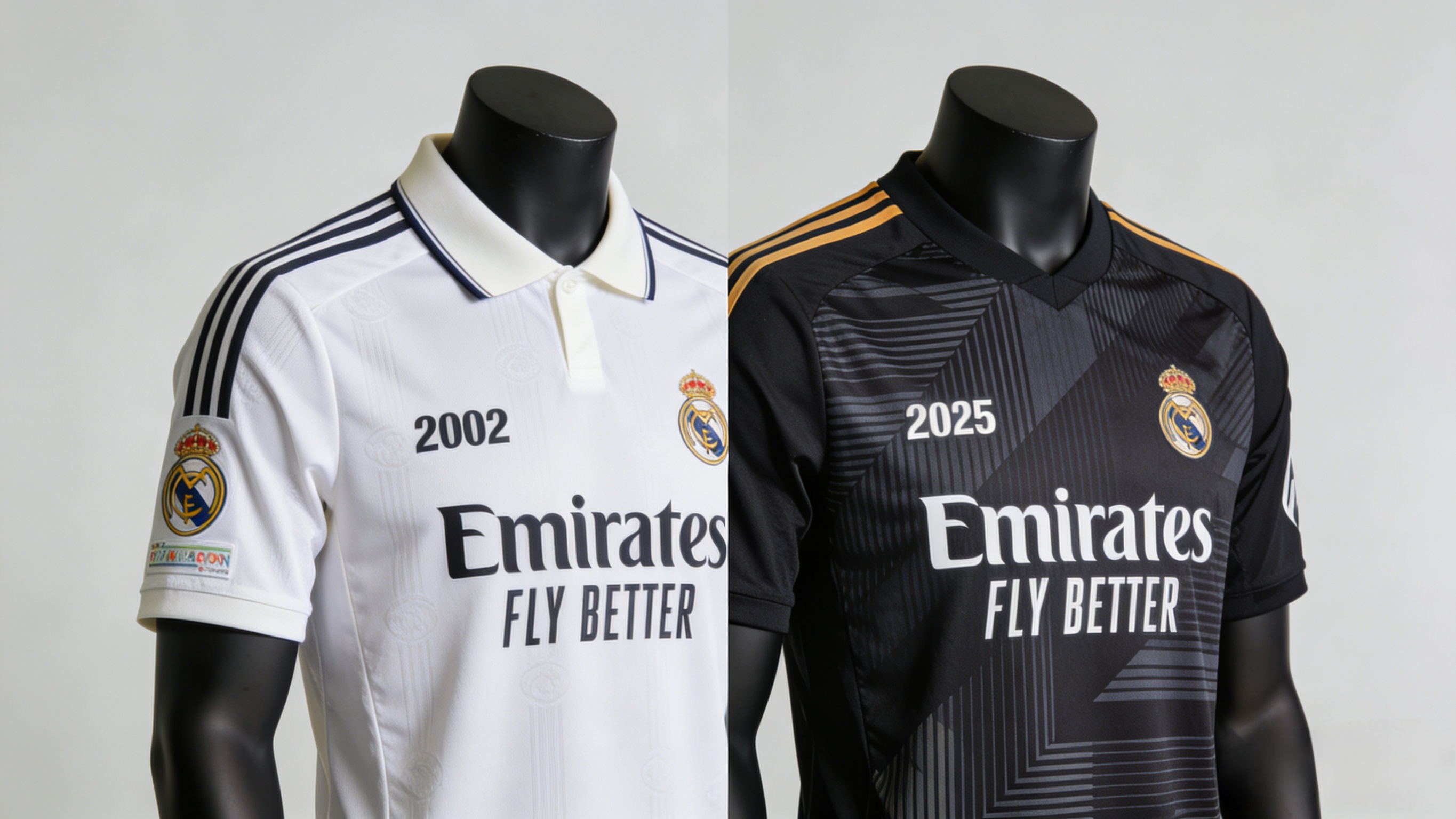 Comparison of Real Madrid 2002 retro kit and 2025 modern kit.