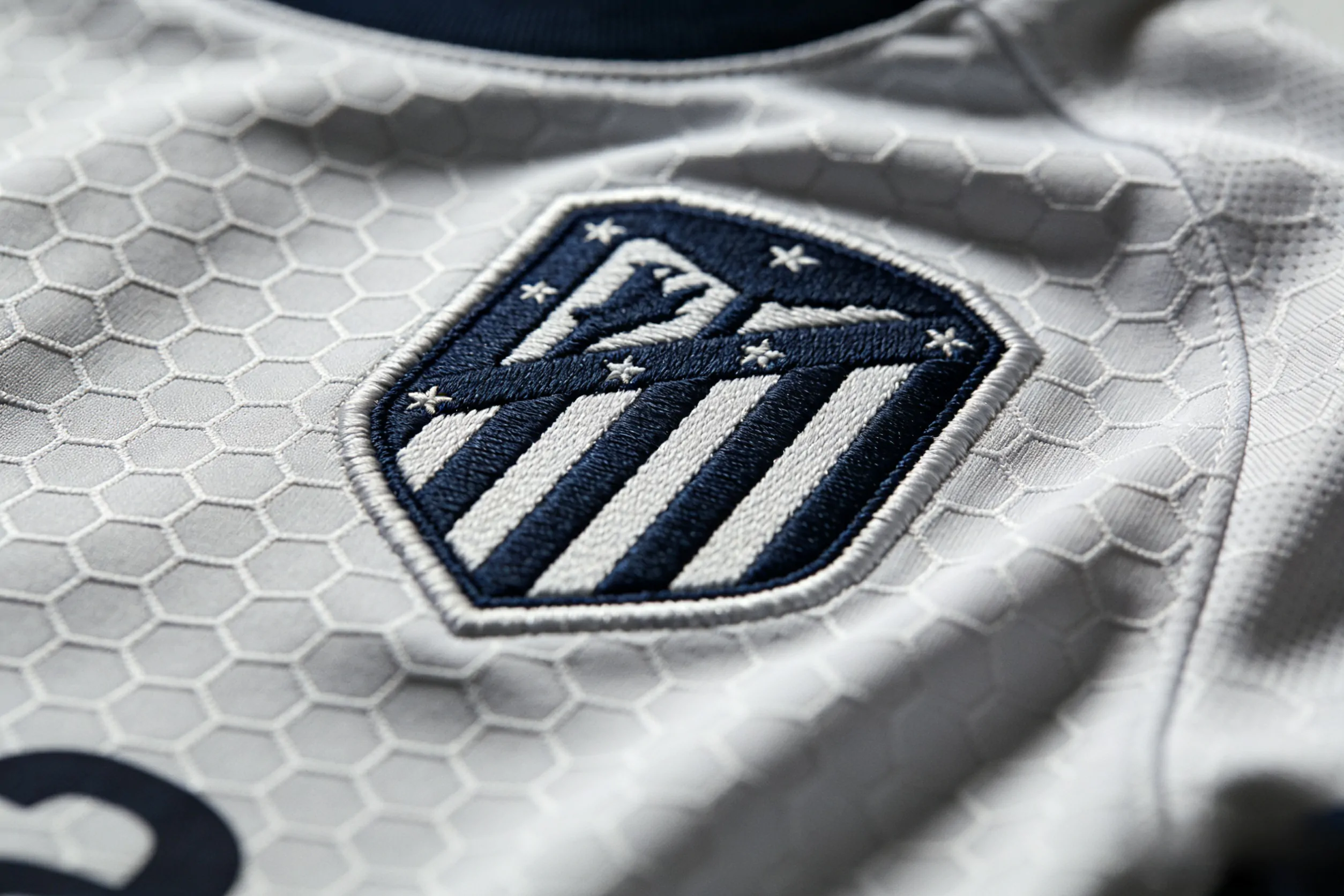 Close-up of Dri-FIT fabric and embroidered badge on a cheap soccer jersey