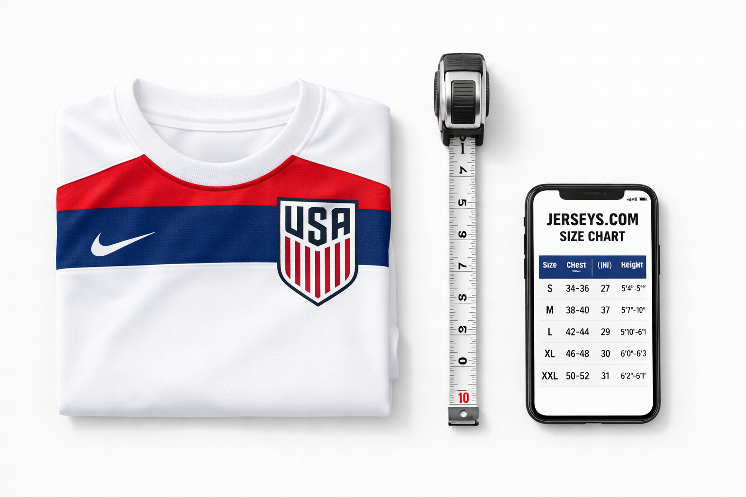 Using an inches size chart to find the right USA jersey fit.