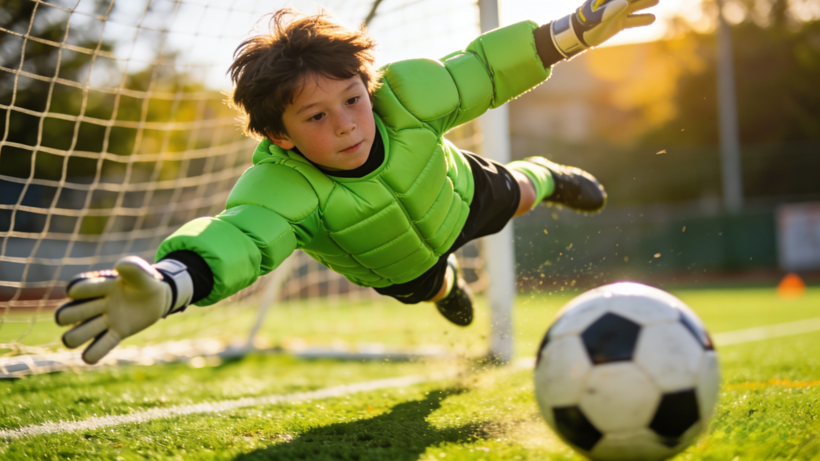 Young goalkeeper wearing a padded youth soccer goalie jersey.