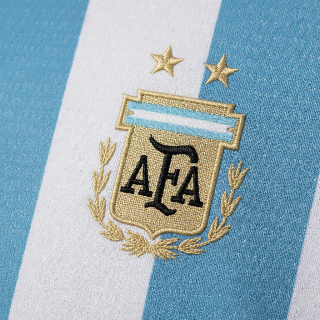 Close-up of the 3-star AFA crest on an authentic Argentina jersey.