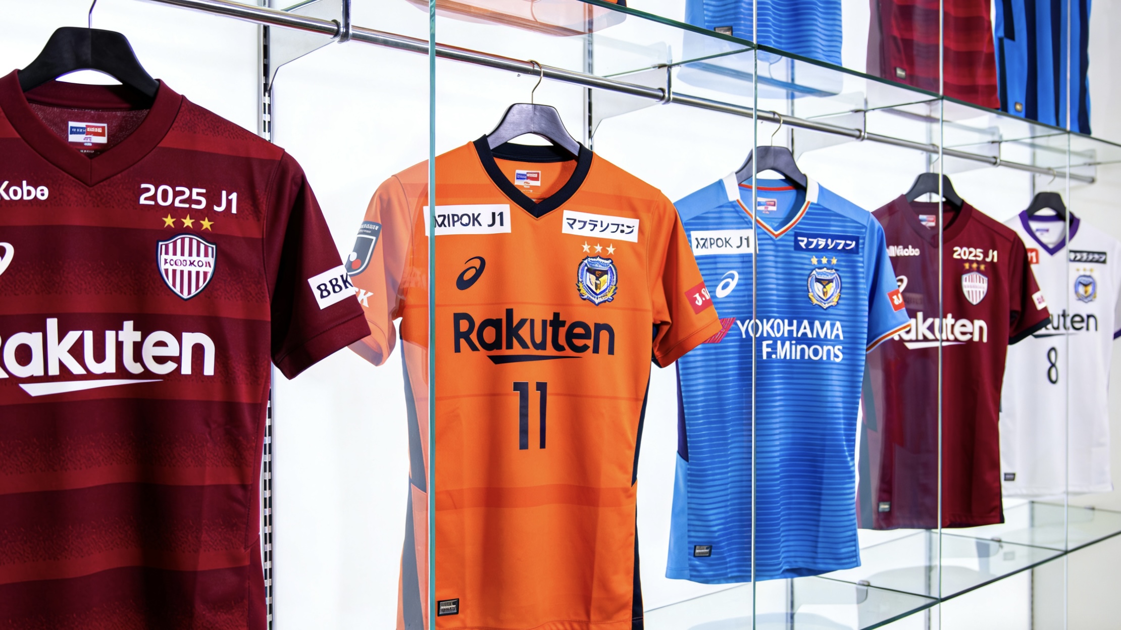 Collection of 2025 J1 League Japanese soccer jerseys.