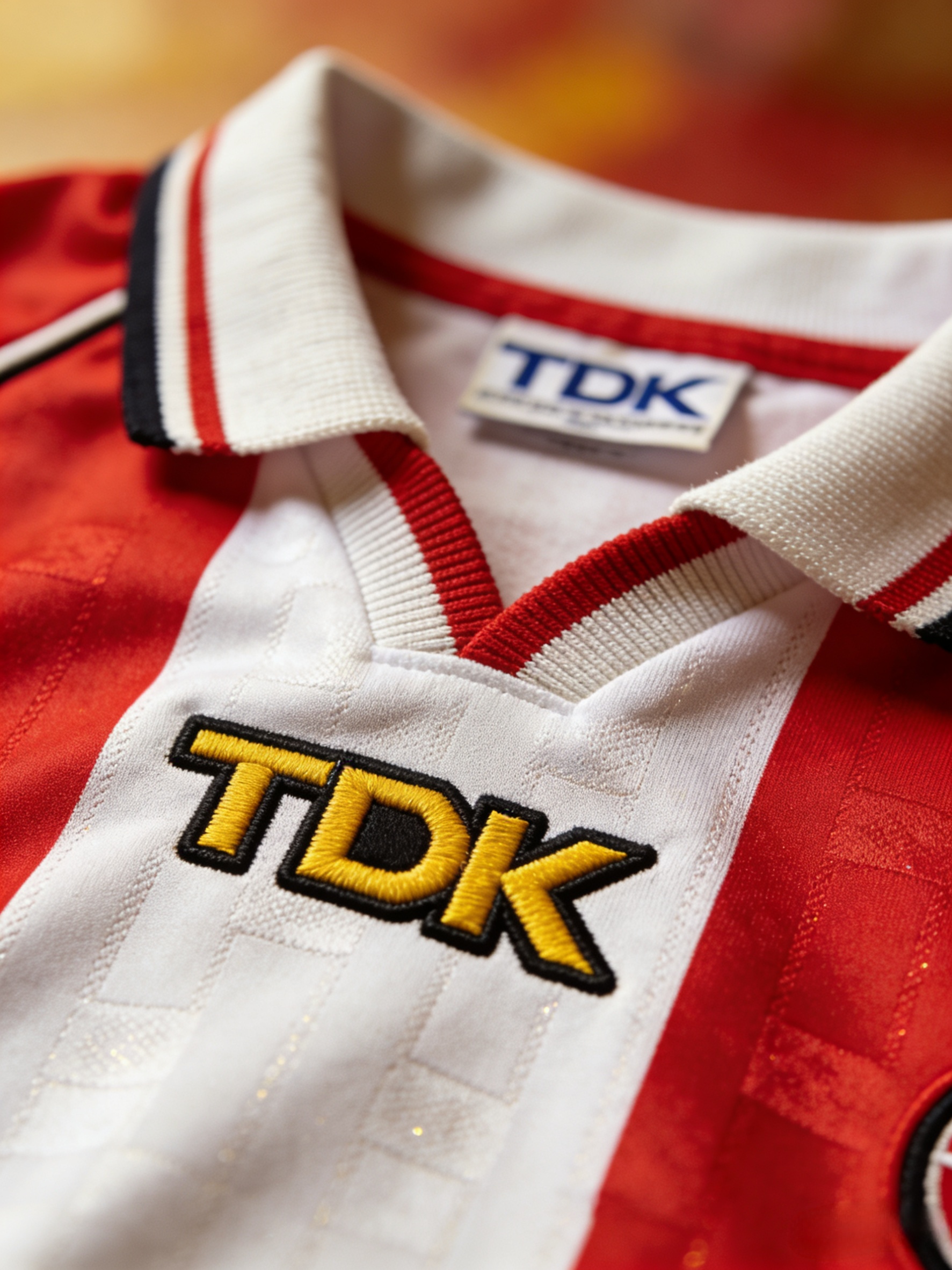 Close-up of the iconic TDK sponsor on an Ajax retro jersey.