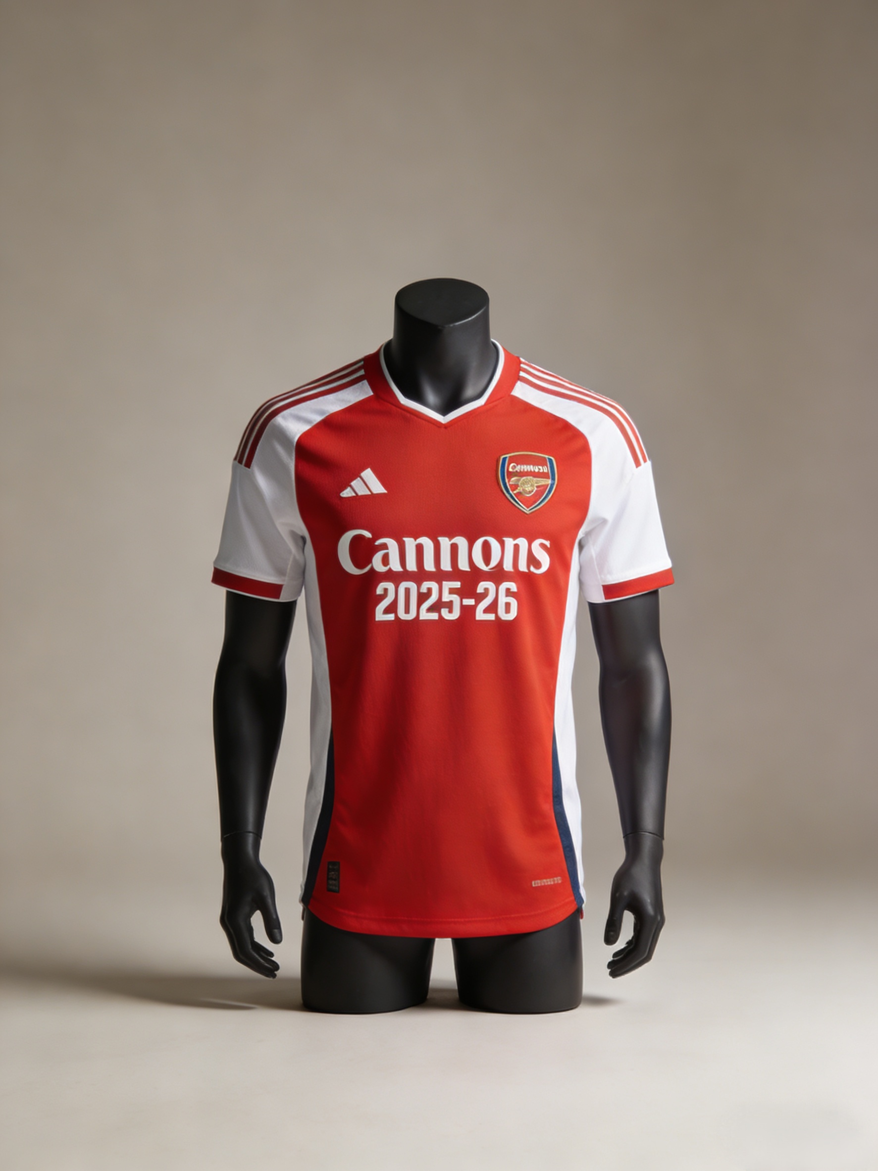 Official 2025-26 Arsenal home soccer jersey on a mannequin.