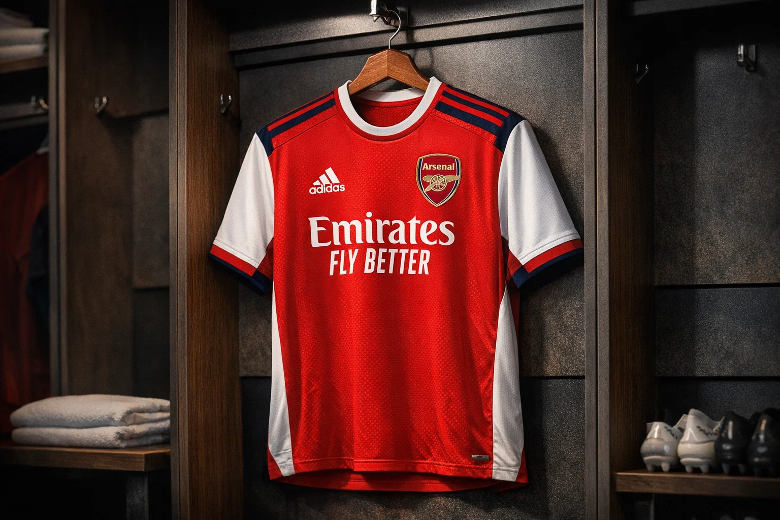 Official Arsenal soccer jersey 2025-26 home kit in locker room.