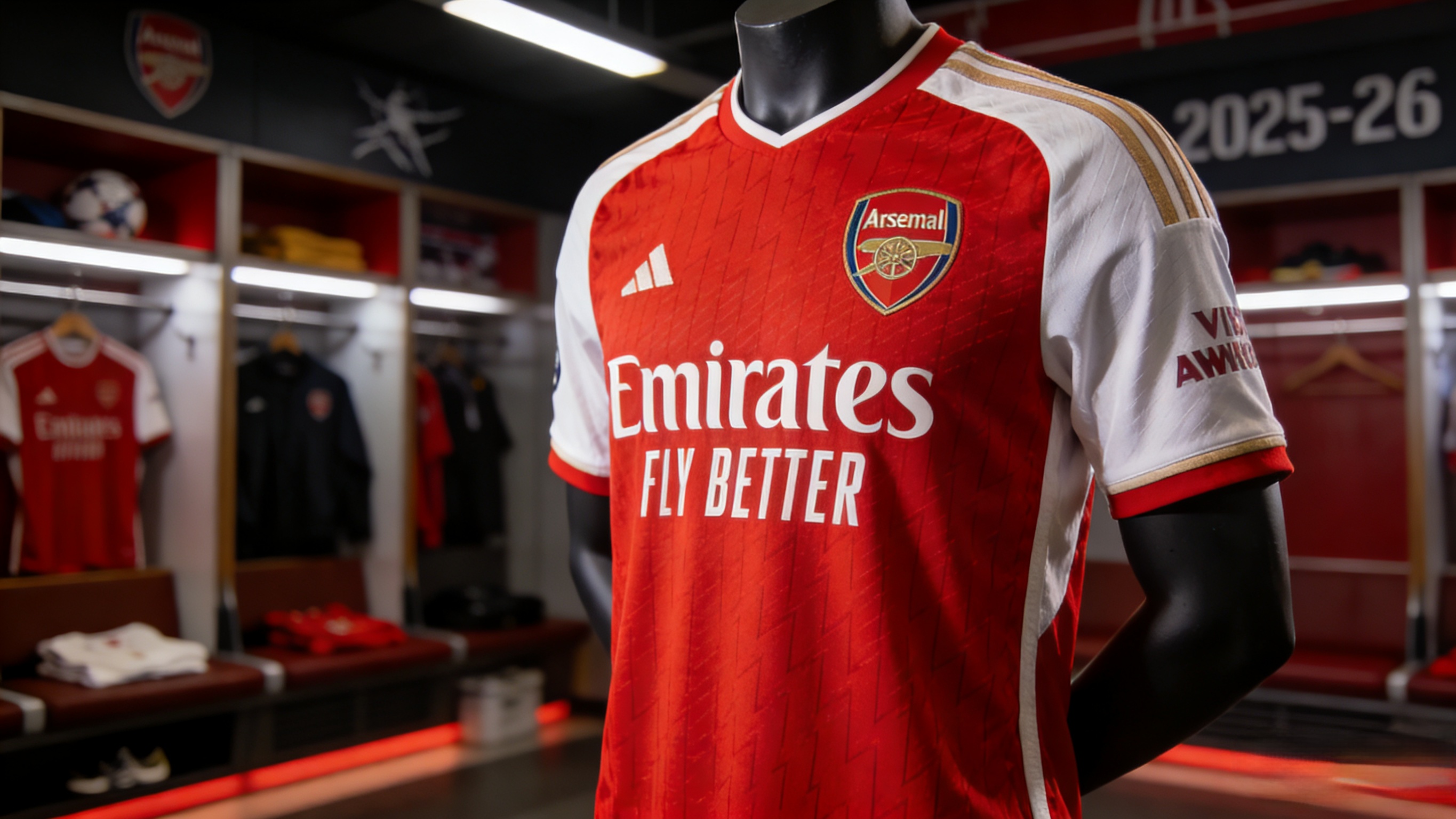 Official 2025-26 Arsenal home soccer jersey in a stadium locker room.