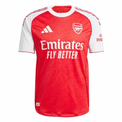 Official 2025 Arsenal home soccer jersey with Cannon crest.