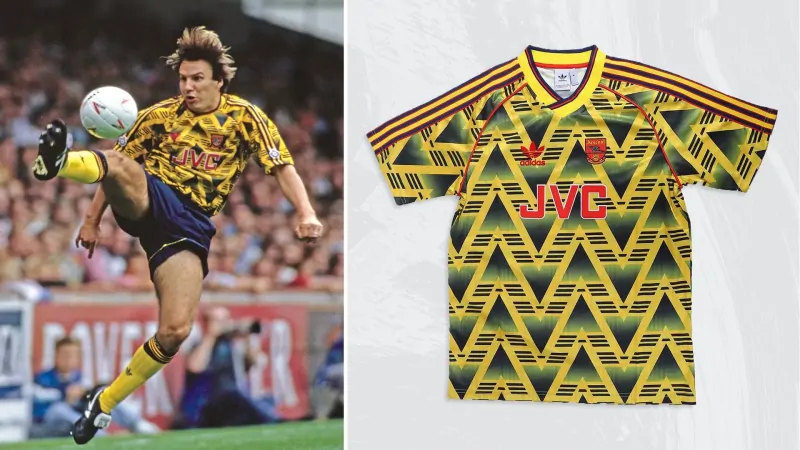 Iconic Arsenal "Bruised Banana" retro soccer jersey detail.