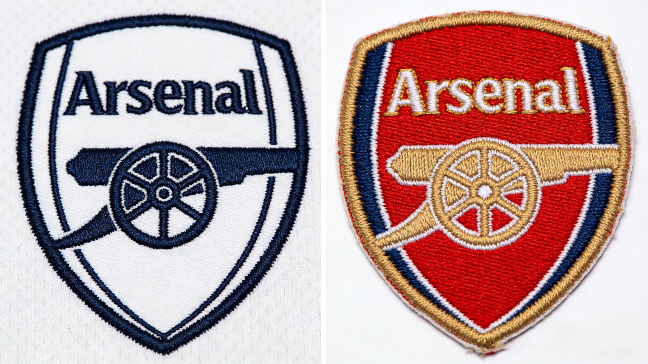 Difference between heat-pressed authentic and embroidered fan version Arsenal badges.