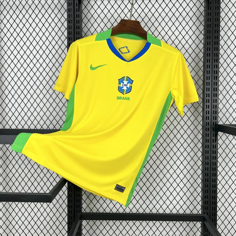 Official 2025 Brazil home soccer jersey with five-star crest.