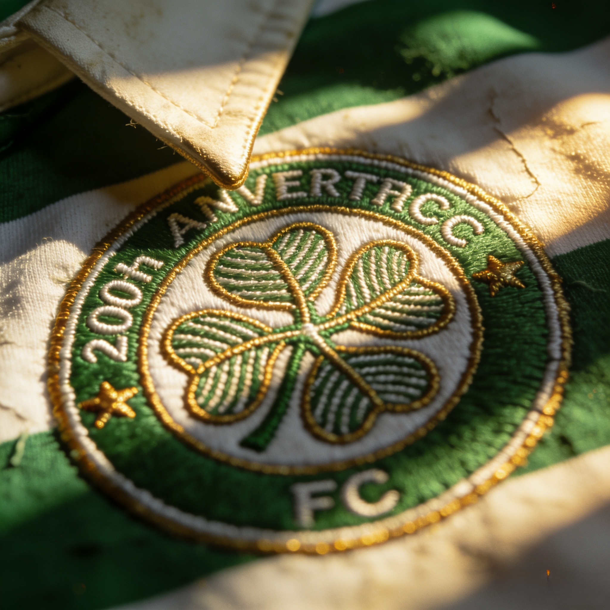 Detailed embroidery on a retro Celtic 120th anniversary shirt.