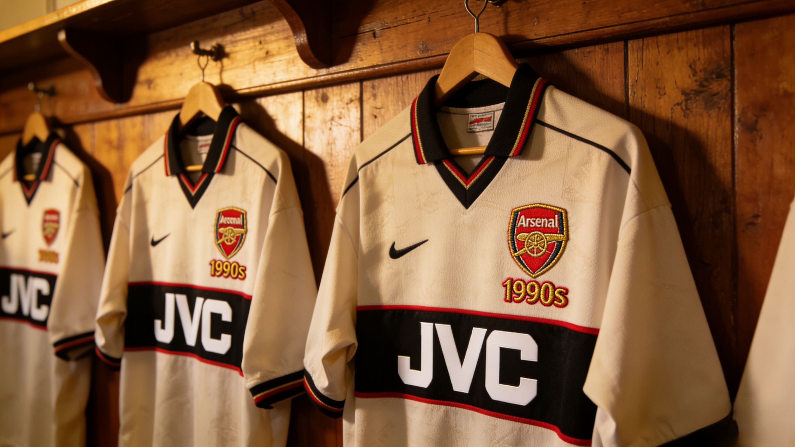 Collection of iconic Arsenal retro soccer jerseys from the 90s.