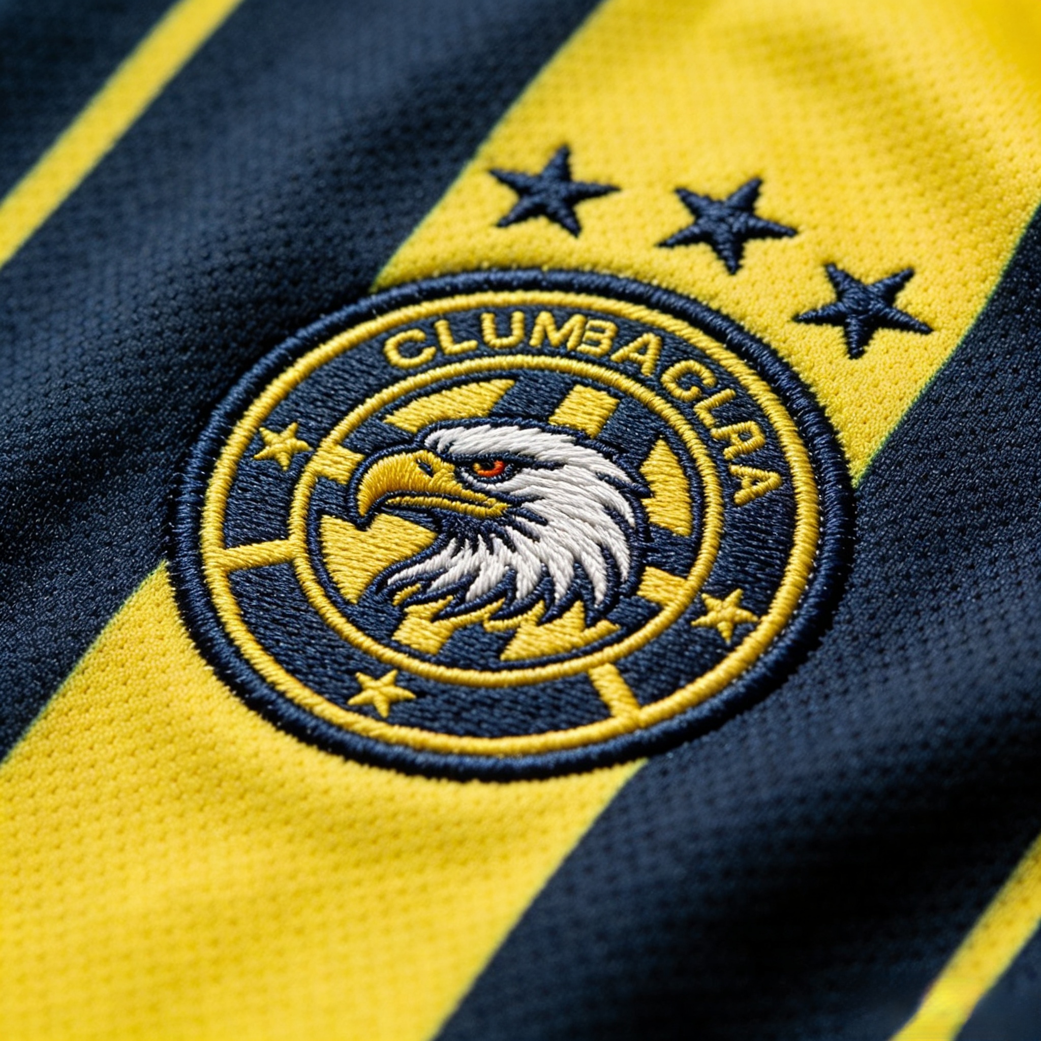 Close-up of the embroidered eagle crest on a Club América jersey.