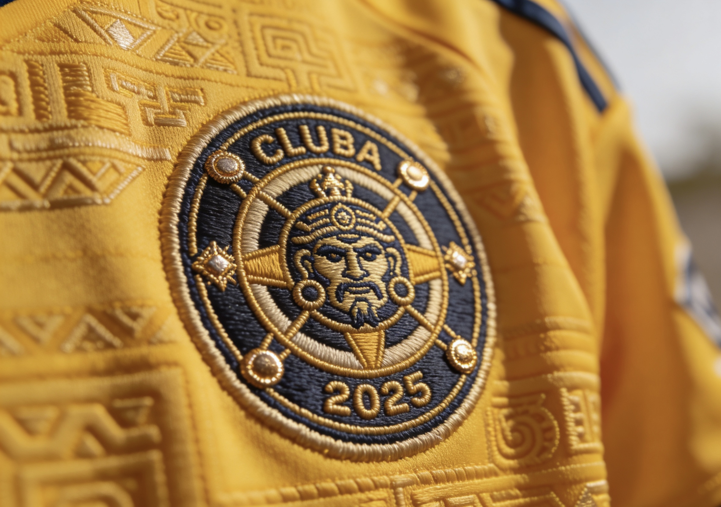 Close-up detail of the Club América soccer jersey crest and fabric motifs.