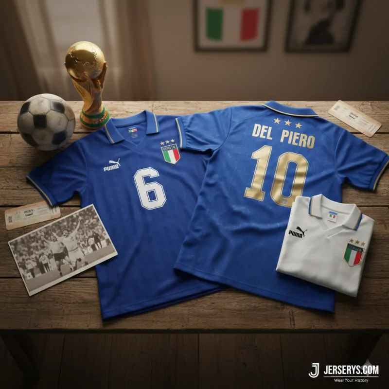 Collection of retro Italy soccer jerseys from 1982 and 2006, displayed with a miniature World Cup trophy and a vintage football.