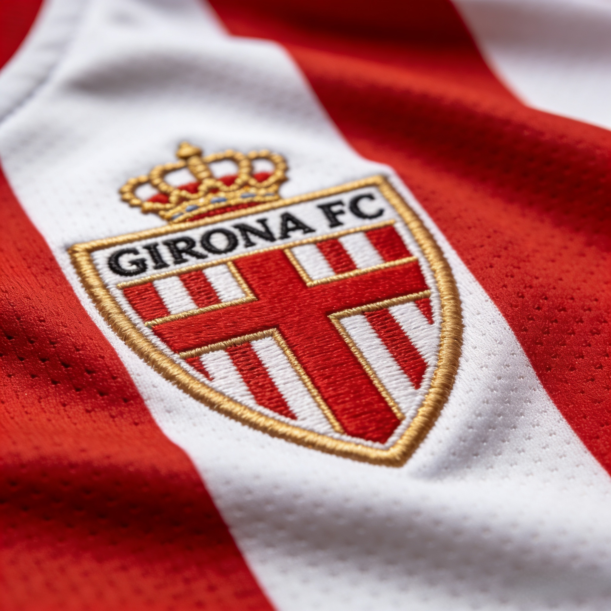 Close-up detail of Girona FC embroidered team crest and fabric texture.