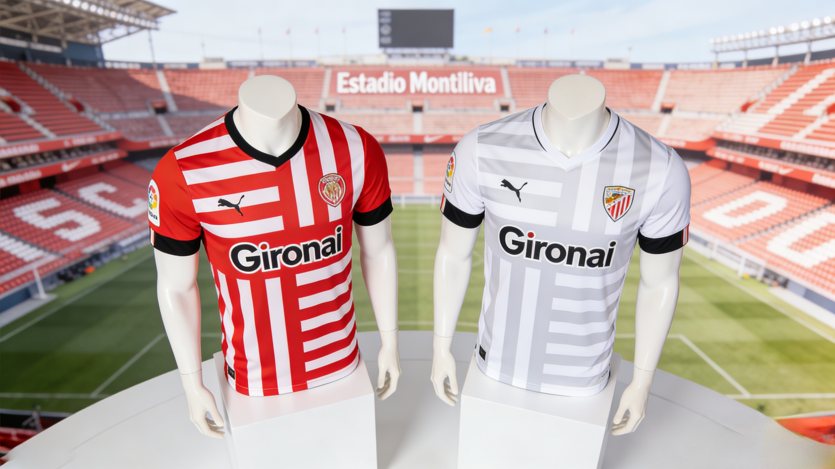 Official Girona FC soccer jerseys for the 2024-25 season.