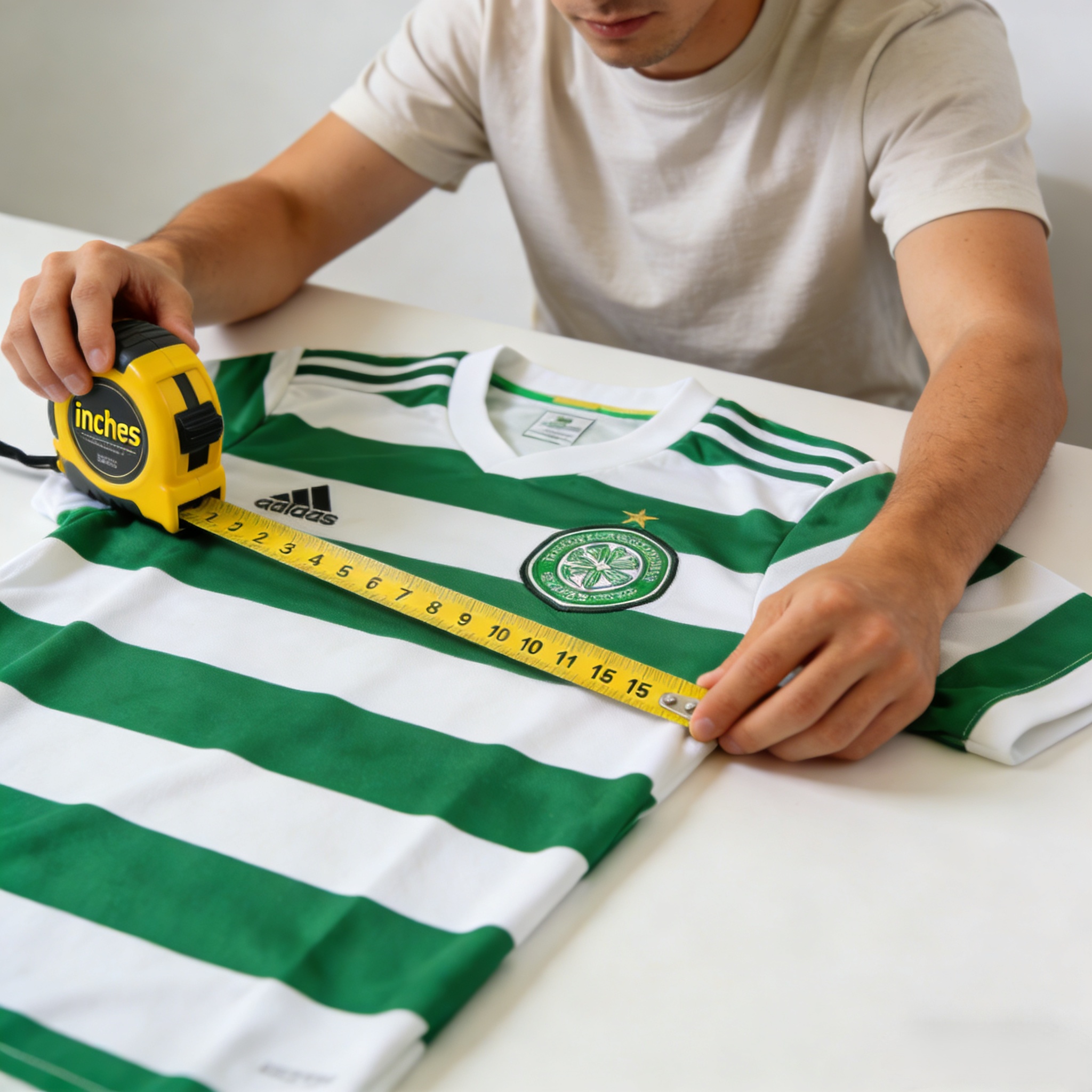 How to measure a Celtic soccer jersey in inches.