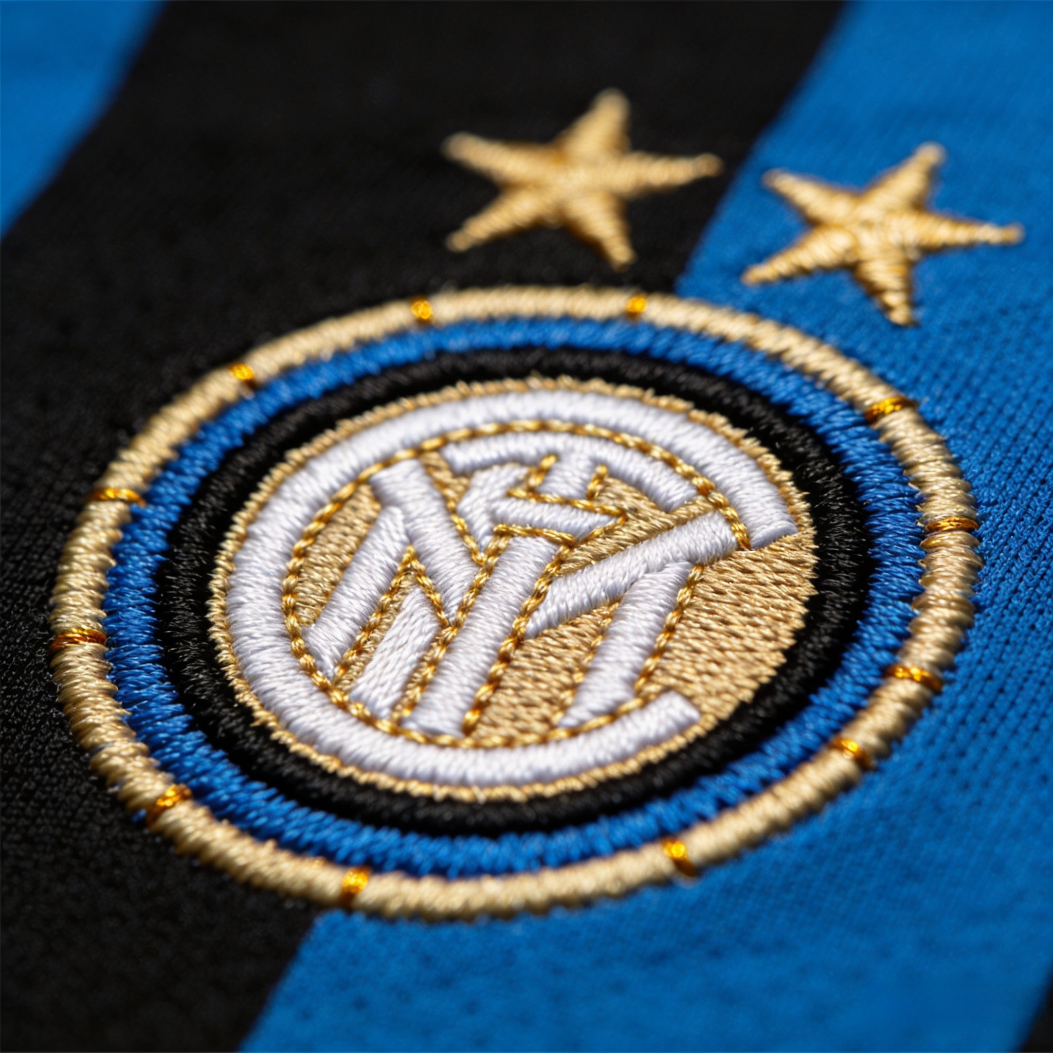 Close-up detail of the Inter Milan two-star crest and jersey fabric.